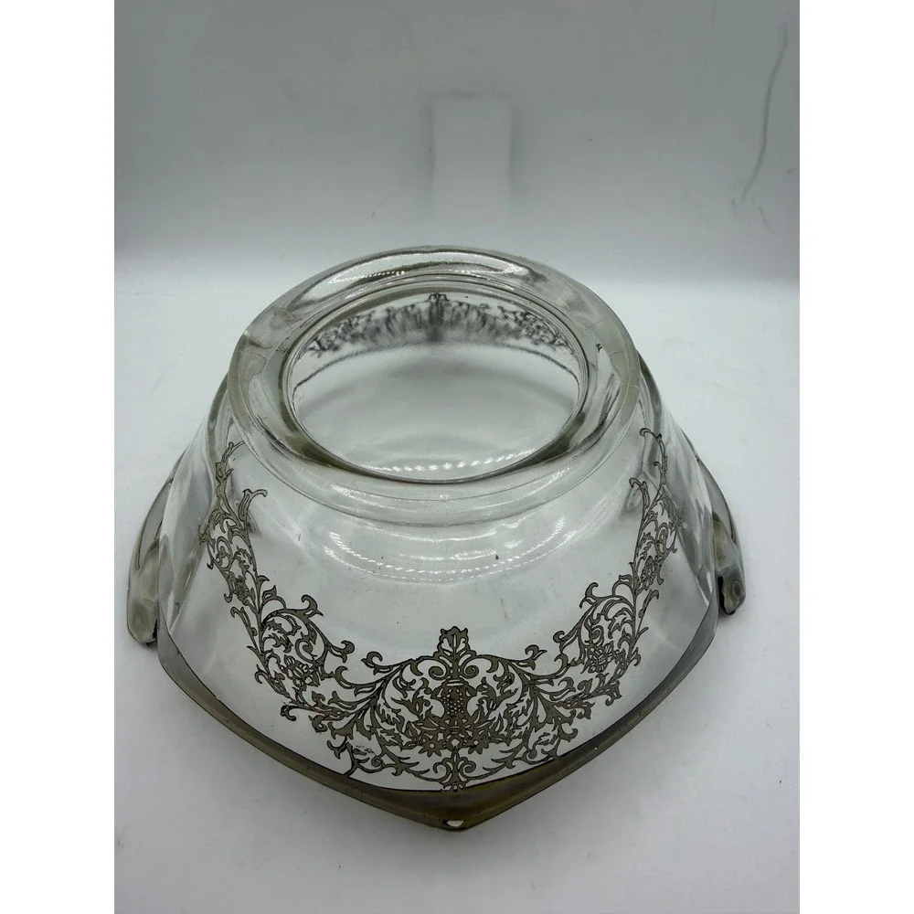 Vintage Silver Overlay Glass Candy Nut Bowl Floral Filigree Double‎ Handle 6.5in